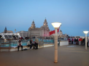 Night time at Liverpool waterfront on Queen Mary 2.